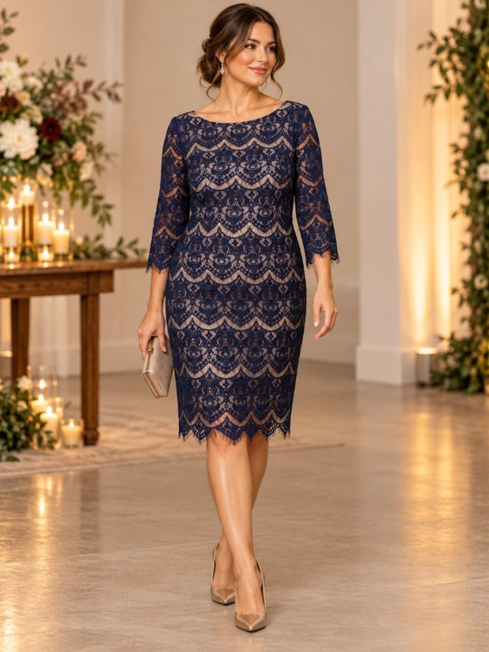Jessica Howard Navy Blue Lace Overlay Dress 12 3/4 Sleeve Scalloped